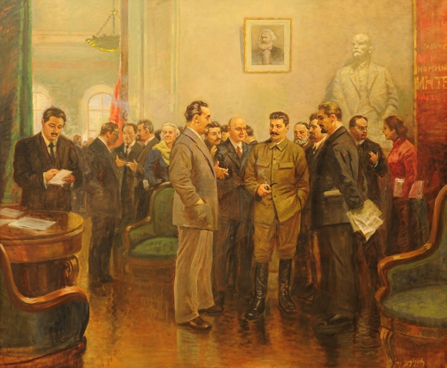 J.Stalin talking with representatives of delegations of communist parties at the VII th extended plenum of Comintern. <b>Painter I.Vefkhvadze</b><br>